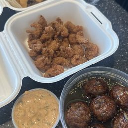 Fried crawfish and meatballs