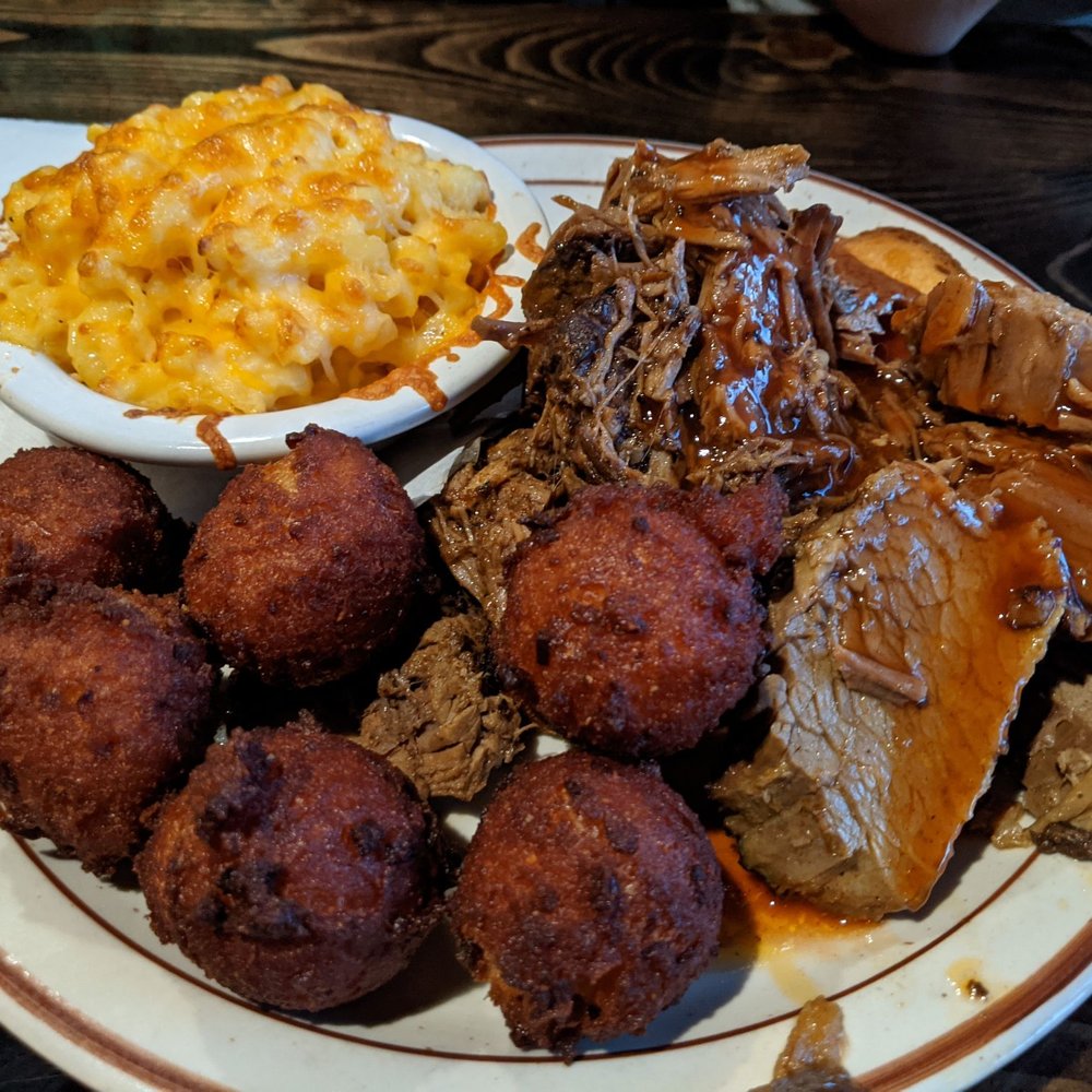 28th St. Pit & Pub - Brisket dinner with really good hush puppies and side of Mac and Cheese. - Barbeque Near Me - Ocean City, Maryland 28th St. Pit & Pub - Brisket dinner with really good hush puppies and side of Mac and Cheese. - Barbeque Near Me - Ocean City, Maryland