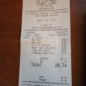Denny's - Our bill - Diners Near Me - Sacramento, California