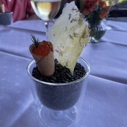 Werner's Restaurant - Starter: lavender edible paper and salmon caviar