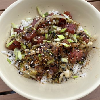 Pono Ono Poke - Tuna Poke Sampler, really good! It is a little too salty so next time maybe I will try salad as base - Poke Near Me - Evanston, Illinois