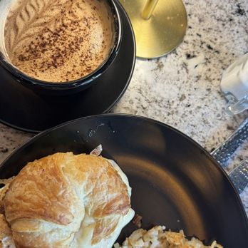 Bean There Cafe - Breakfast Sandwich with avocado and sausage  Coffee: Caramel Latte - Coffee & Tea Near Me - Wilmington, North Carolina