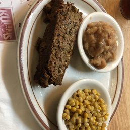Cold corn, mushy "baked beans" and microwaved meatloaf. Cold corn, mushy "baked beans" and microwaved meatloaf.