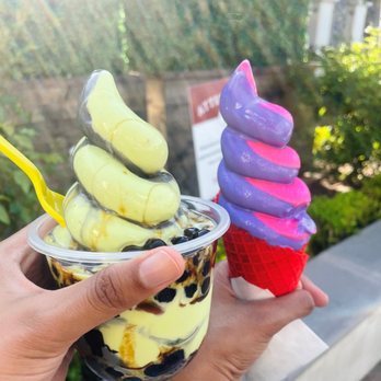 Devil & Angel Desserts - Boba ice cream - chocolate and pistachio swirl; Cone - ube and dragon fruit swirl - Bubble Tea Near Me - Concord, California