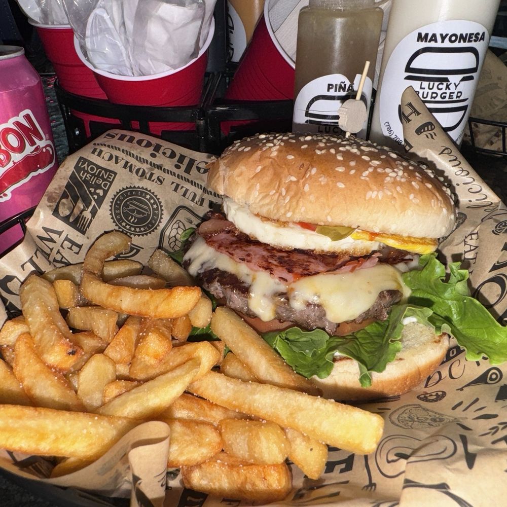 Lucky Burger - Lucky burger comes with fries "pineapple sauce for the burgers in the back" delicious - Burgers Near Me - Southwest Ranch , Florida Lucky Burger - Lucky burger comes with fries "pineapple sauce for the burgers in the back" delicious - Burgers Near Me - Southwest Ranch , Florida