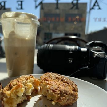 Fariner Bakery - Bacon cheddar chive scone and iced white mocha latte with cold foam - Bakeries Near Me - Ashland, Nebraska