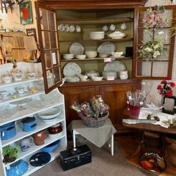 Lilly's Corner Mall - Beautiful antique corner cabinet displaying 
 antique ironstone and more