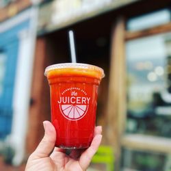 The Juicery - My Life Blood juice - lemon, ginger, apple, beet, carrot - with some chia seeds! So good!
