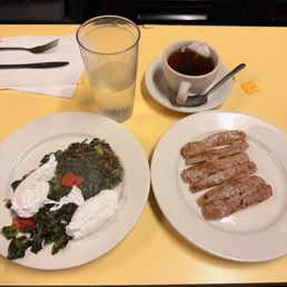 Emma (spinach and poached eggs) side of sausages. Emma (spinach and poached eggs) side of sausages.