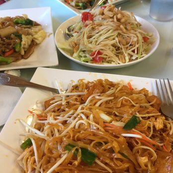 Bangkok Thai Restaurant - Pad Thai and Papaya Salad on top - Thai Near Me - Merced, California