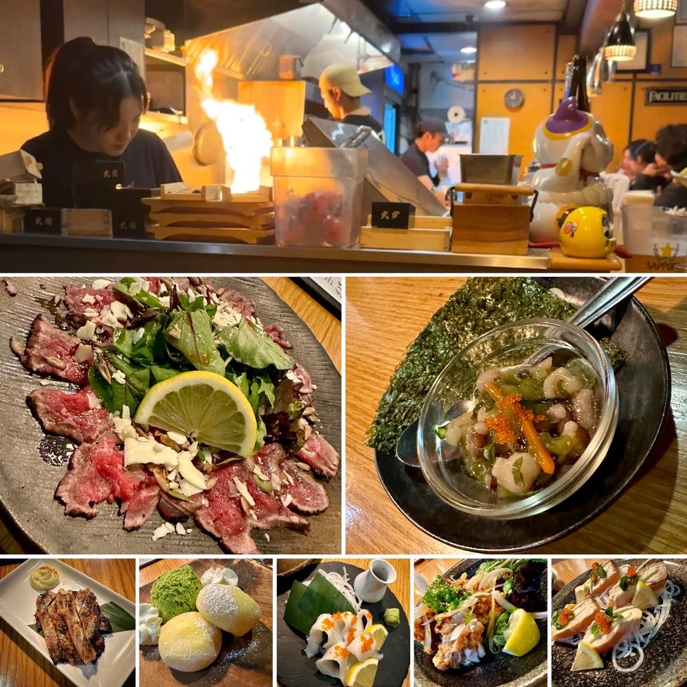 Beef carpaccio; takowasabi; grilled, dried filefish; diafuku mochi; hirame sashimi; fried chicken; aburi salmon. Beef carpaccio; takowasabi; grilled, dried filefish; diafuku mochi; hirame sashimi; fried chicken; aburi salmon.