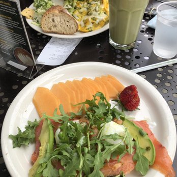 Urth Caffé-Pasadena - Eggs Salmone, chicken pesto omelette in the back with Rising Sun Matcha Latté - Cafes Near Me - Pasadena, California Urth Caffé-Pasadena - Eggs Salmone, chicken pesto omelette in the back with Rising Sun Matcha Latté - Cafes Near Me - Pasadena, California