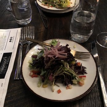 Fireproof Restaurant - Fireproof salad in foreground + Brussels sprout salad in background - Tapas/Small Plates Near Me - Columbus, Ohio