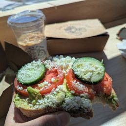 The Greek avocado toast! I pre-munched two cukes...