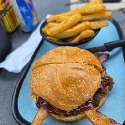 Pulled pork sandwich with a side of fries
