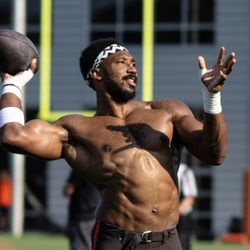 Cleveland Browns Training Camp - The NFL's new single season sack record breaking champ Cleveland Brown Myles Garrett, July 2025 at training camp.