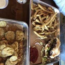 Branded Burger Co. - Plain Jane, fries and fried pickles.