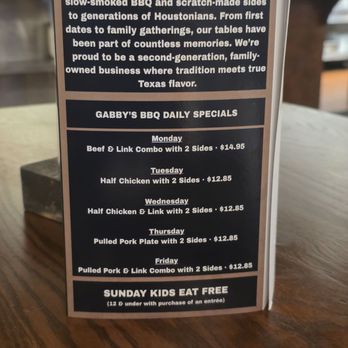 Gabby's BBQ - Daily Specials Menu - Barbeque Near Me - Houston, Texas