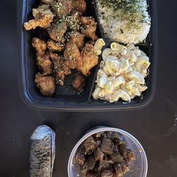 Spam musubi, tuna poke, and fried chicken Spam musubi, tuna poke, and fried chicken