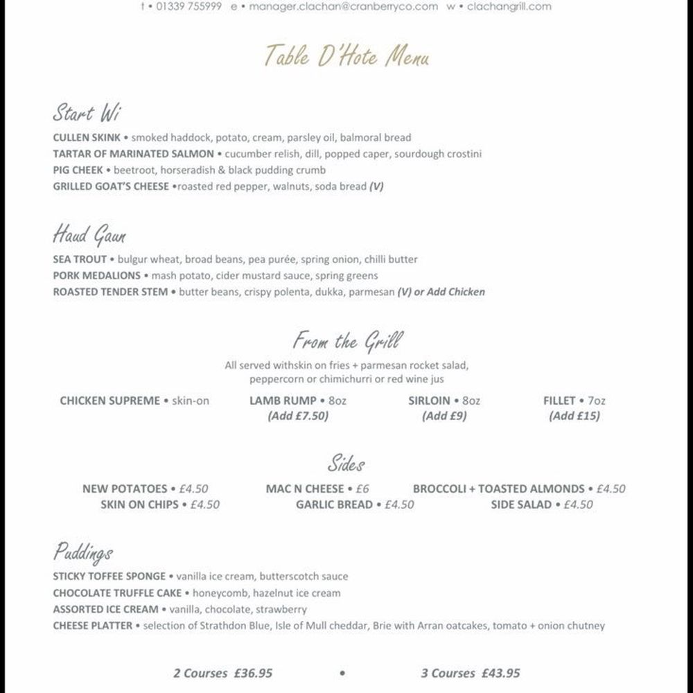 Clachan Grill - Menu front - Bars Near Me - Ballater, ABD