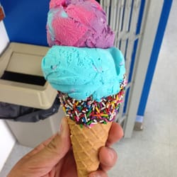 TJ's Ice Cream Shoppe - Cotton candy and bubblegum ice cream in a homemade chocolate sprinkle waffle cone