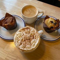 East Simpson Coffee Company - Cinnamon muffin, Large Mocha with whip, Americano and Blueberry muffin.