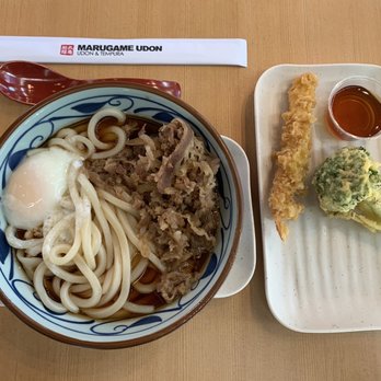 Marugame Udon - nikutama udon + shrimp & broccoli tempura - Japanese Near Me - Berkeley, California Marugame Udon - nikutama udon + shrimp & broccoli tempura - Japanese Near Me - Berkeley, California