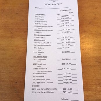Peacock Cellars - Wine list and selection of wines on the tasting menu. We purchased 3 bottles - Wine Tasting Room Near Me - Arroyo Grande, California