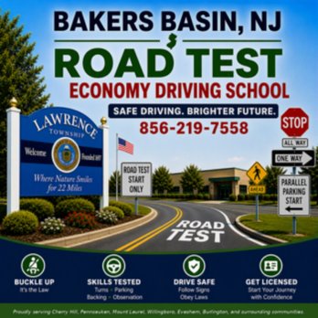 Economy Driving School - Bakers Basin MVC Road Test Package includes: Pre-Test Driving Lesson Transportation to Bakers Basin MVC Destination Drop-Off After Test - Driving Schools Near Me - Cherry Hill Township, New Jersey Economy Driving School - Bakers Basin MVC Road Test Package includes: Pre-Test Driving Lesson Transportation to Bakers Basin MVC Destination Drop-Off After Test - Driving Schools Near Me - Cherry Hill Township, New Jersey