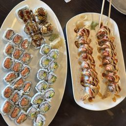 Fire dragon roll, shrimp tempura roll with no avocado, spicy tuna roll with cucumber and California roll Fire dragon roll, shrimp tempura roll with no avocado, spicy tuna roll with cucumber and California roll