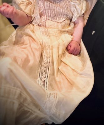 Restoration of 100 year old Baptism dress - This is a family baptism dress that is nearly 100 years old. Customer wanted to have it cleaned to baptize her daughter, but it was horribly stained. She went to 4 different cleaners who told her it couldn't be saved. Sonia's Cleaners restored it and it was worn by Daughter/granddaughter. Before and after pictures shown. Restoration of 100 year old Baptism dress - This is a family baptism dress that is nearly 100 years old. Customer wanted to have it cleaned to baptize her daughter, but it was horribly stained. She went to 4 different cleaners who told her it couldn't be saved. Sonia's Cleaners restored it and it was worn by Daughter/granddaughter. Before and after pictures shown.