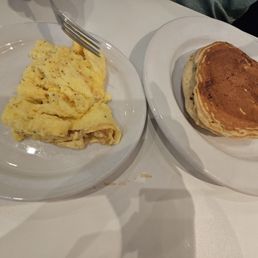 Chocolate Chip Pancakes with scrambled eggs