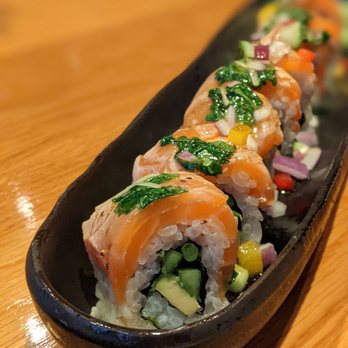 Izakaya Den - New Style Salmon Roll - Japanese Near Me - Denver, Colorado Izakaya Den - New Style Salmon Roll - Japanese Near Me - Denver, Colorado