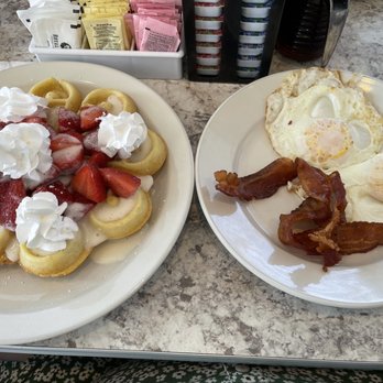 Pop's Diner - The strawberries & cream waffles combo (incredible flavor) the eggs were perfect & bacon was crispy! - Diners Near Me - Virginia Beach, Virginia Pop's Diner - The strawberries & cream waffles combo (incredible flavor) the eggs were perfect & bacon was crispy! - Diners Near Me - Virginia Beach, Virginia