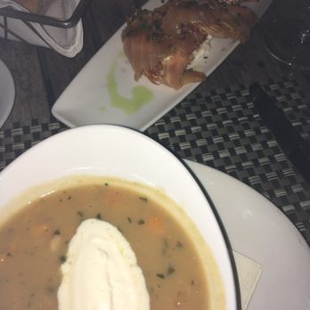 Canoe - Sweet potato chowder with lobster and smoked salmon with potato cakes - New American Near Me - Atlanta, Georgia Canoe - Sweet potato chowder with lobster and smoked salmon with potato cakes - New American Near Me - Atlanta, Georgia