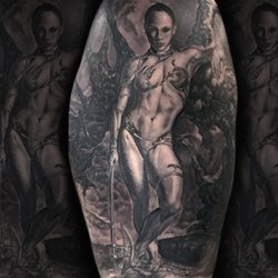 Ghost Light Tattoo Parlor - Realistic black and grey In Victory by Boris Vallejo painting tattoo by Chris Burke at Ghost Light Tattoo Parlor in Milwaukee, Wi 2462 n Mur