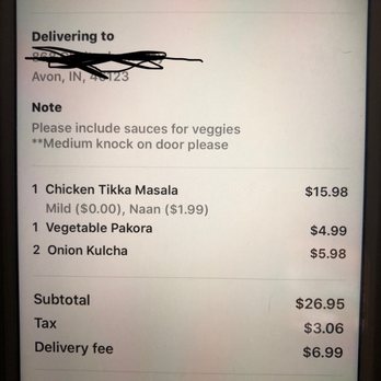 Maharaja - Here's the fees and order I placed. - Indian Near Me - Avon, Indiana Maharaja - Here's the fees and order I placed. - Indian Near Me - Avon, Indiana