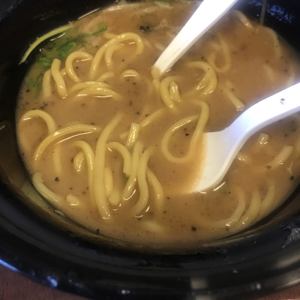 Black garlic broth and noodles. To go. Black garlic broth and noodles. To go.