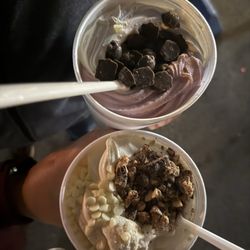 Cheesecake & blueberry pomegranate yogurt with yogurt chips and turtles, peanut butter & vanilla yogurt with snickers and yogurt chips
