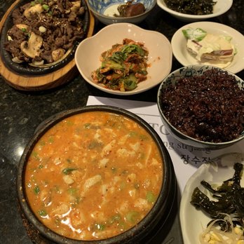 Jang Su Jang - bulgogi and combination tofu soup (beef & seafood) with purple rice - Korean Near Me - Duluth, Georgia