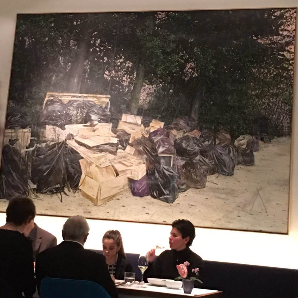 Tim Raue - Weird painting of trash bags in main room - Asian Fusion Near Me - Berlin, BE Tim Raue - Weird painting of trash bags in main room - Asian Fusion Near Me - Berlin, BE