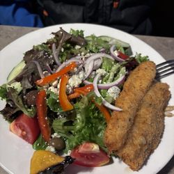 2nd Street Bistro - Lightly breaded white fish on top of the house salad with a little added Gorgonzola. Superb!