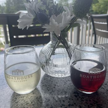 Boathouse Vineyards - A glass of red wine a glass of white - Wineries Near Me - Leelanau, Michigan