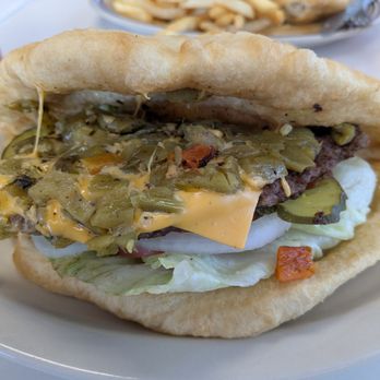Route 66 Diner - Navajo Burger with green chilies - New American Near Me - Gallup, New Mexico Route 66 Diner - Navajo Burger with green chilies - New American Near Me - Gallup, New Mexico