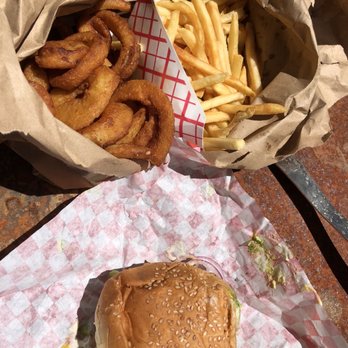 Char-Pit - Bacon avocado cheeseburger, onion rings and fries. - American Near Me - Kings Beach, California