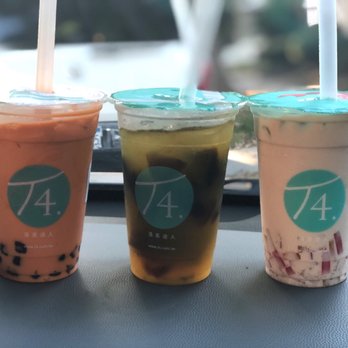 T4 - Thai milk tea, Mango peach tea w/ grass jelly, & Pearl milk tea w/ rainbow jelly - Bubble Tea Near Me - Sacramento, California T4 - Thai milk tea, Mango peach tea w/ grass jelly, & Pearl milk tea w/ rainbow jelly - Bubble Tea Near Me - Sacramento, California