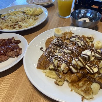 Jam + Toast - Banana Nutella Crepes (comes with 4) + side of corned beef hash (a little heavy but good) + omelette and pancakes - Breakfast & Brunch Near Me - Frisco, Texas Jam + Toast - Banana Nutella Crepes (comes with 4) + side of corned beef hash (a little heavy but good) + omelette and pancakes - Breakfast & Brunch Near Me - Frisco, Texas