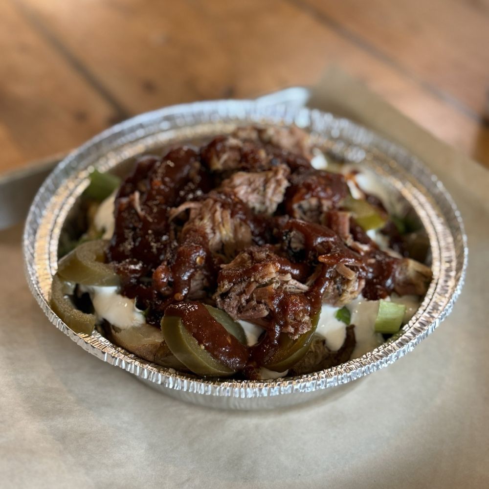 Stacked & Smoked - Loaded Baked Potato with Brisket - Barbeque Near Me - Placerville, California Stacked & Smoked - Loaded Baked Potato with Brisket - Barbeque Near Me - Placerville, California