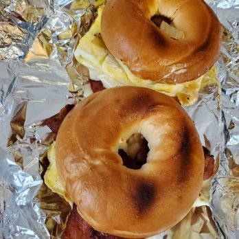 Capp's Deli - Bacon egg and cheese/sausage egg and cheese on plain bagels. (I did toast these to warm them up when I got home- hence the well done bagel) - Delis Near Me - Conshohocken, Pennsylvania