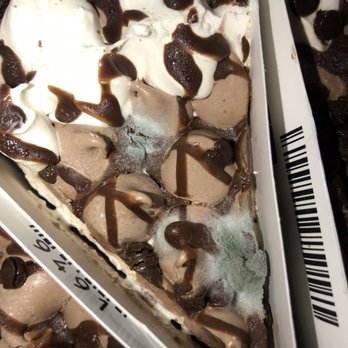 Dollar Tree - Moldy ass ice cream cake - The image depicts a container of ice cream with a moldy appearance, including visible patches of mold and discoloration on the surface. The ice cream appears to be spoiled, with mold growth indicating it is no longer safe for consumption. The container is partially visible, with a barcode and some text on the side, suggesting it is store-bought. The overall condition of the ice cream suggests it has been stored improperly or for too long, leading to mold development. - Discount Store Near Me - El Monte, California